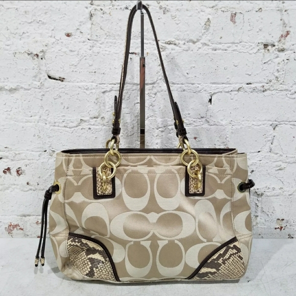 Coach Designer Collette Gold/Brown Embossed Snake Skin Trim Shoulder Bag Purse - Picture 3 of 11
